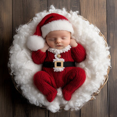 A newborn baby is wearing an adorable Christmas outfit, including a Santa Claus hat and suit, in a white fur basket on a photography backdrop.






