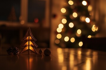 Minimalist Christmas Table Setting with Blurred Glowing Tree and Festive Decor in Background