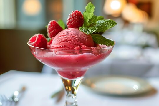A serving of raspberry sorbet in a chilled glass, garnished with fresh mint and raspberries