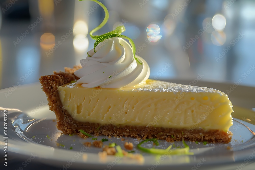 Poster a slice of key lime pie with a graham cracker crust, topped with whipped cream and a lime twist