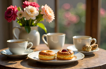 Cozy morning tea with donuts and floral arrangement by sunlit window