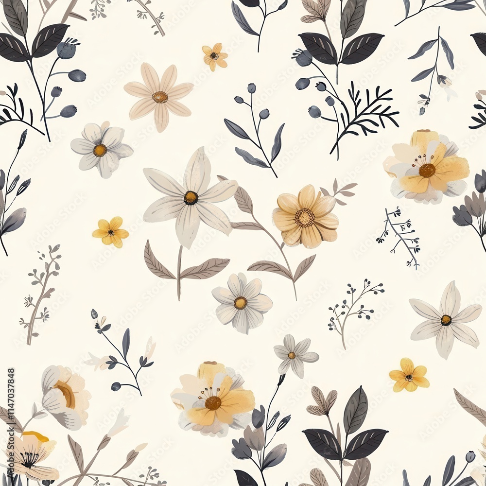 Poster beautiful floral pattern featuring yellow, white, and gray flowers on a light background creating a 