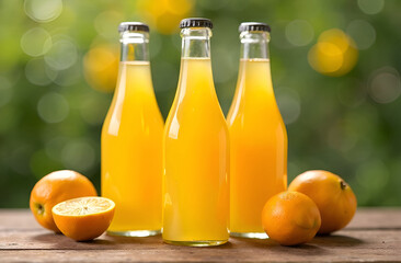 Fresh orange juice bottles on wooden table with whole and halved oranges in natural light