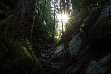 Sunlit forest path through mossy trees and rocks, a magical, mysterious scene.