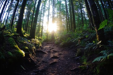 Fototapeta premium Sunlit forest path winds through tall trees, mossy roots visible, creating a serene and enchanting atmosphere.