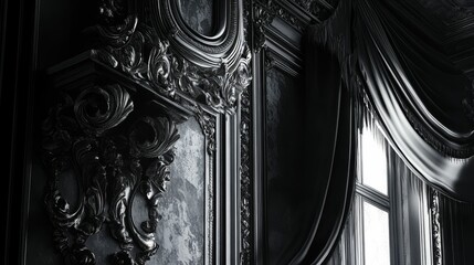 Dark ornate molding, black drapes, window.