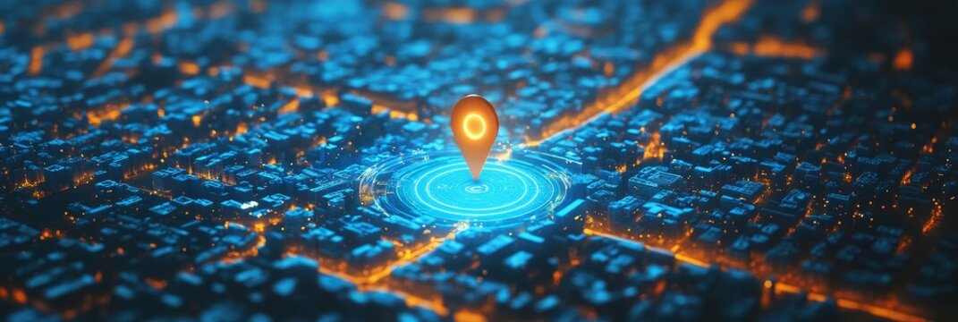 Futuristic GPS location, finding the exact navigation destination, smart city mapping