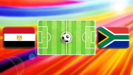 Egypt and South Africa flag on soccer field with ball.Football match concept against multicolored abstract background.Copy space for text.