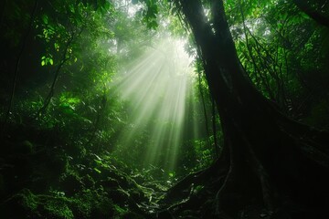 Fototapeta premium Sunbeams pierce through dense rainforest canopy, illuminating lush green foliage and ancient tree roots.