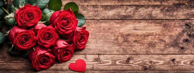 Bouquet of red roses on a wooden background, Valentine's Day greeting card. A banner with a place to copy it.