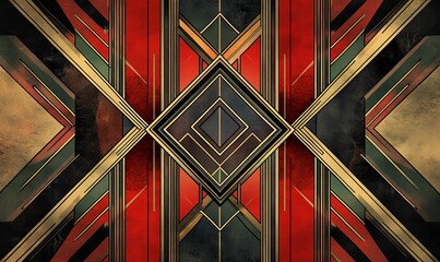 Abstract geometric art; red, gold, and black hues.