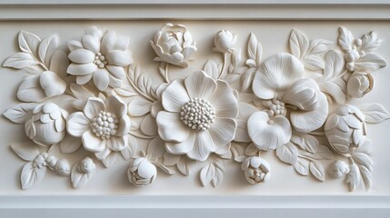 White floral relief, ornate wall decor.