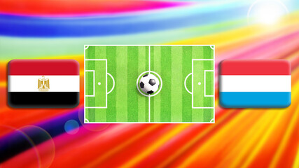 Egypt and Luxembourg flag on soccer field with ball.Football match concept against multicolored abstract background.Copy space for text.