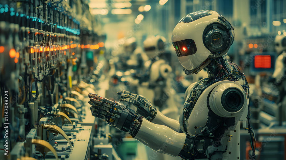 Aufkleber a futuristic assembly line with multiple robots working collaboratively.