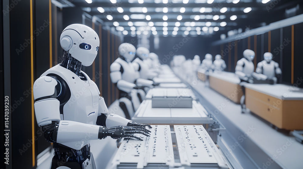 Poster white robots work in a futuristic data center, diligently operating computer consoles. the scene is 