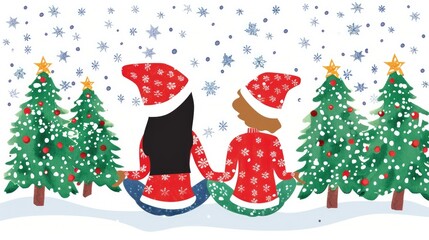 A cute sketch of two people sitting in the snow