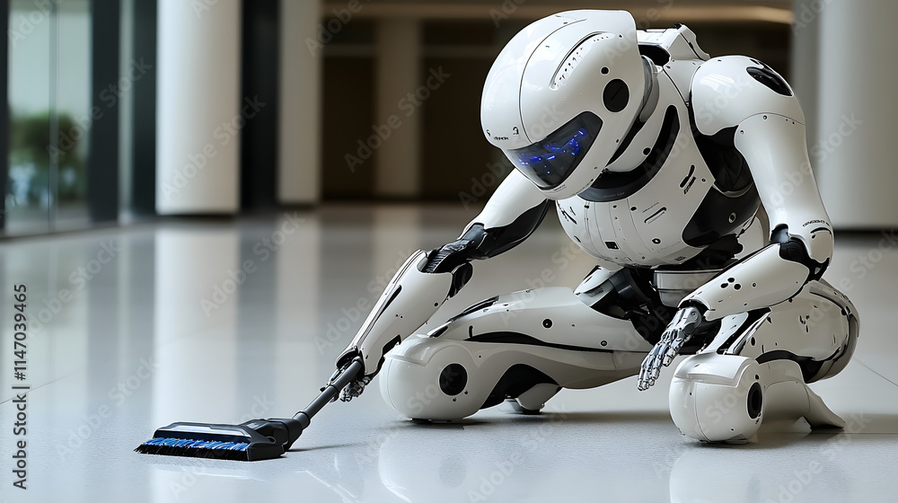 Poster a futuristic white robot meticulously cleans a shiny floor with a high-tech brush. the robot is crou