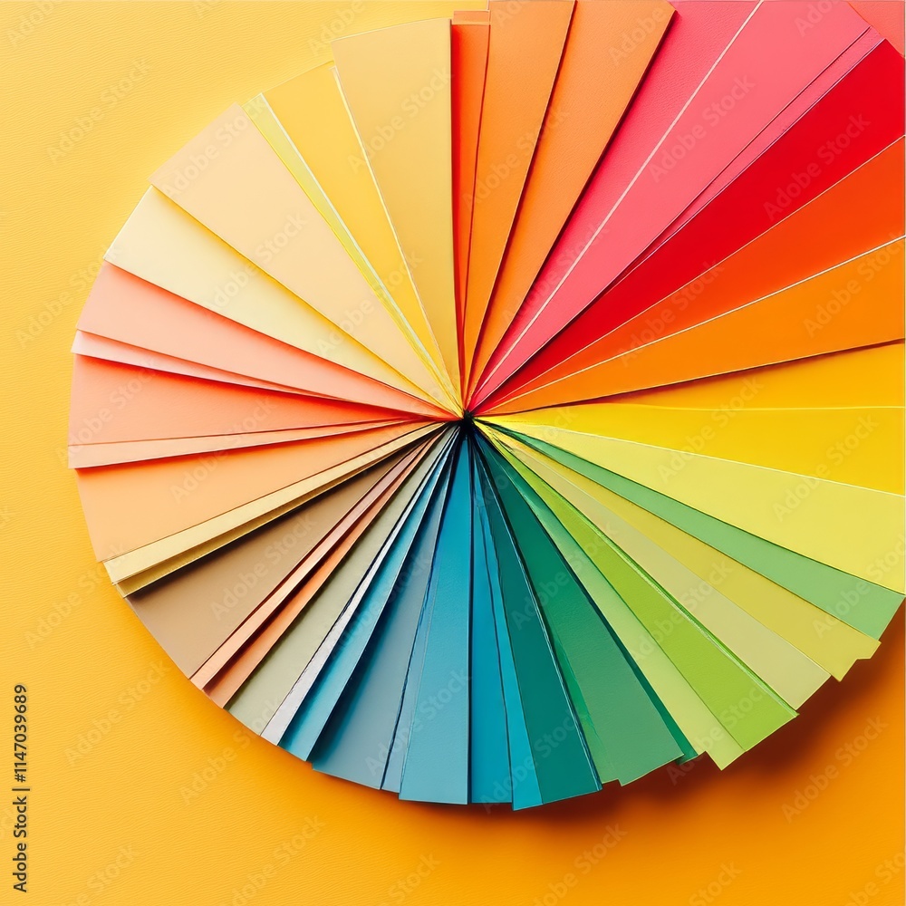 Poster a vibrant display of multicolored paper arranged in a circular fan shape on a bright yellow backgrou