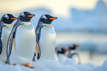 Fototapeta premium Gentle penguins marching on snow, showcasing vibrant colors agai