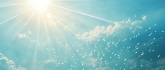 Dandelion seeds flying in the wind on a blue sky background with sun rays