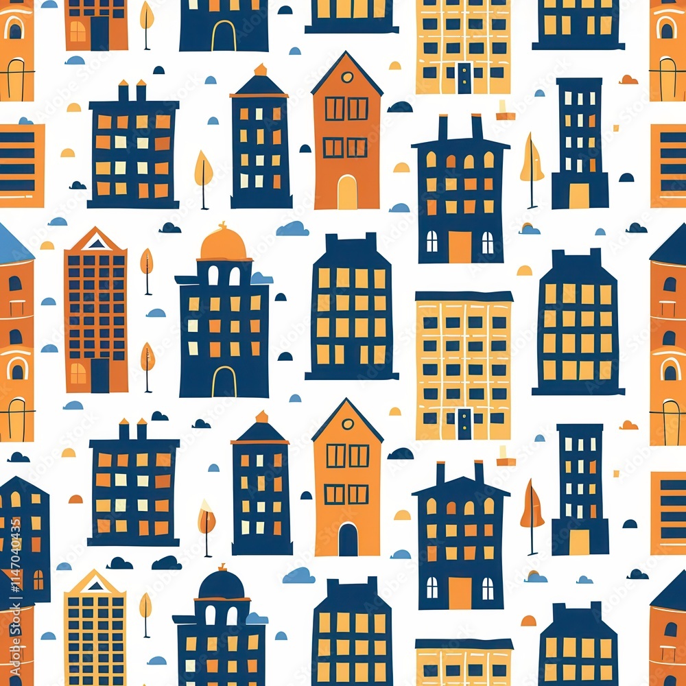 Poster unique pattern depicting various buildings and houses arranged in vibrant colors on a white backgrou