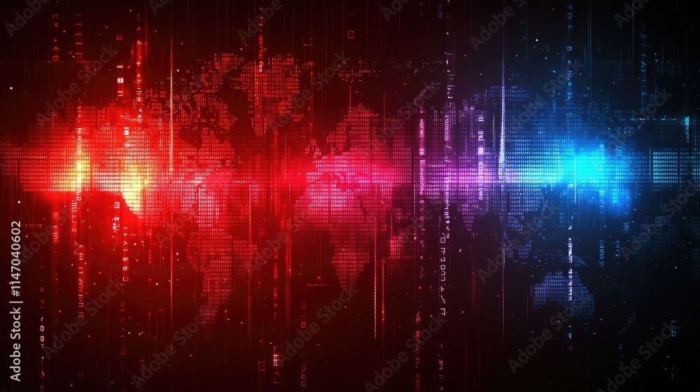 Poster abstract digital representation of a world map with vibrant red and blue light effects.