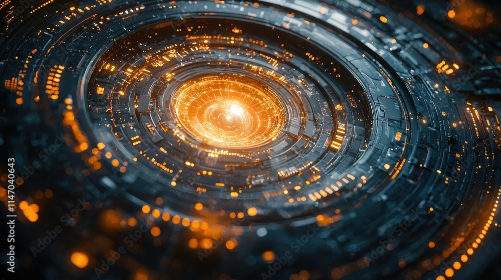 Poster abstract digital representation of a glowing vortex with intricate details and lighting effects.