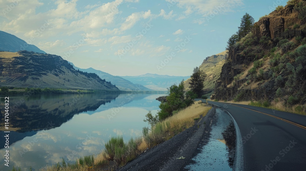 Poster a road with a river running alongside it. the water is calm and the sky is blue. the road is empty a
