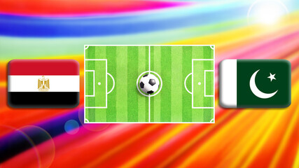 Egypt and Pakistan flag on soccer field with ball.Football match concept against multicolored abstract background.Copy space for text.