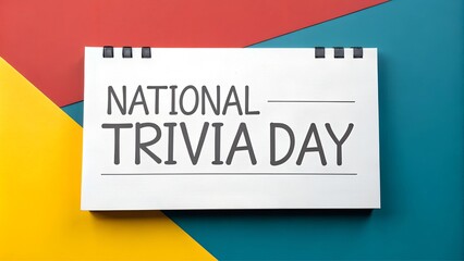 National Trivia Day in bold simple text on a solid color background with geometric shapes, close-up with bright neutral lighting