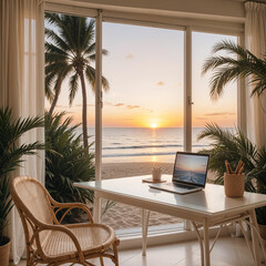 Fototapeta premium View of a desk and top of laptop with morning sunrise in sea by window