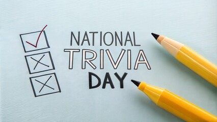 National Trivia Day in bold simple text on a solid color background with geometric shapes, close-up with bright neutral lighting