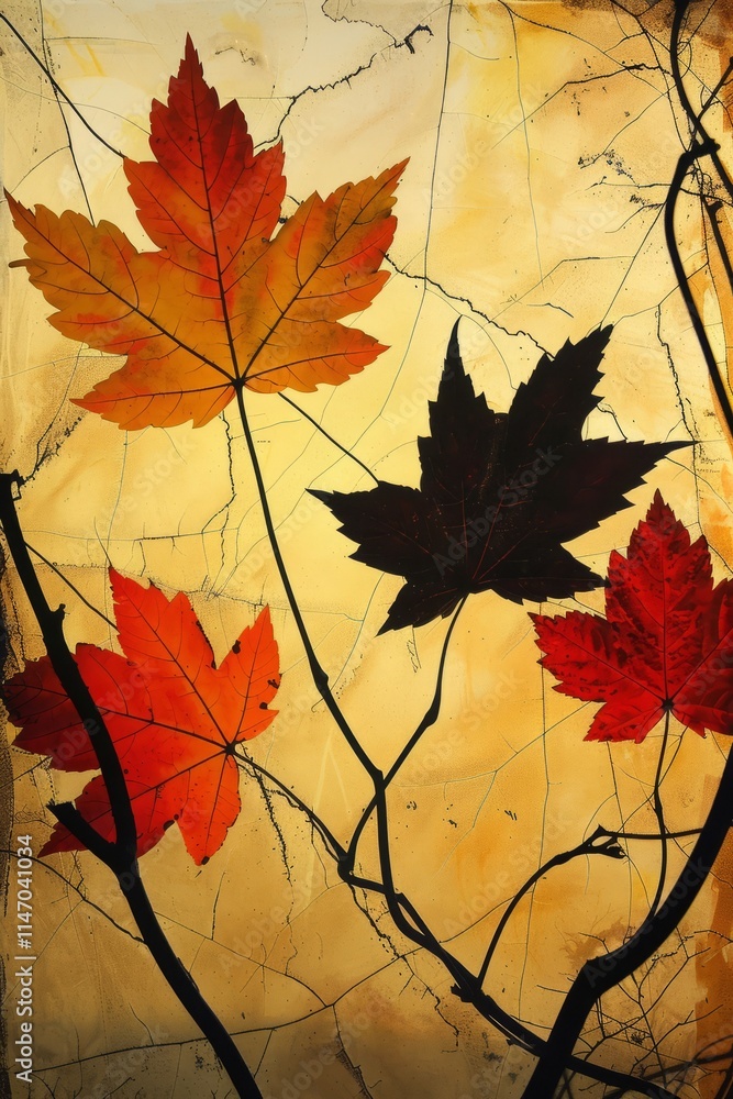 Poster the painting features four leaves, two of which are black and two of which are red. the leaves are a