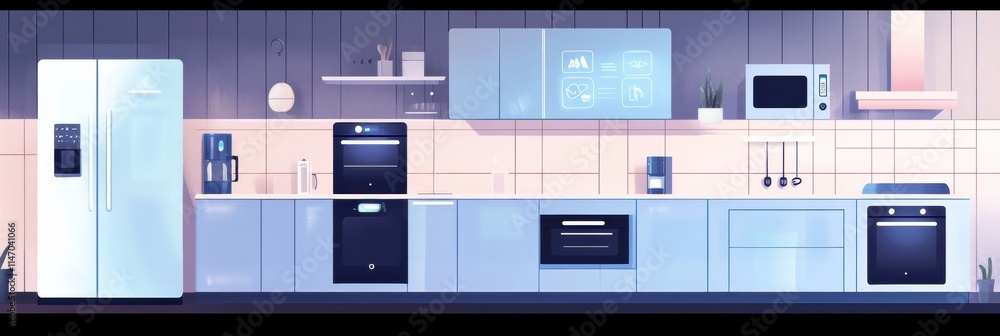 Poster a contemporary kitchen is equipped with various smart appliances, featuring minimalistic design and 
