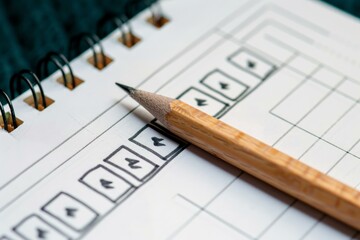 Ux designer drawing wireframe sketching development application for mobile phone interface in notebook with pencil