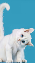 Obraz premium A fluffy white cat with striking blue eyes tilts its head curiously against a vibrant blue background. Ideal for pet-related content, digital marketing, and social media posts, copy space, blank