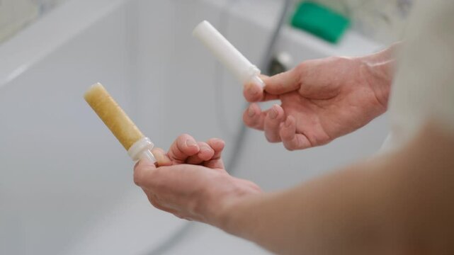 Man holding clean and dirty shower head water filters