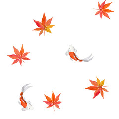 Seamless pattern with maple leaves and Coi carp. Watercolor illustration on white background. For wrapping paper, textile, packaging, fabric