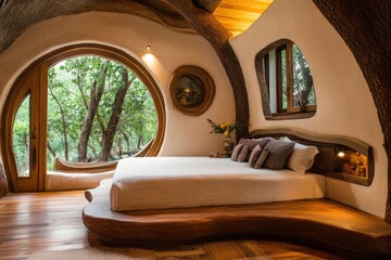 Bedroom with a tree trunk bed and a window. Banner