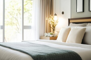 Bed with a green blanket and white pillows. Banner