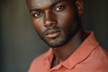 Detailed close up portrait of serious young African American man.