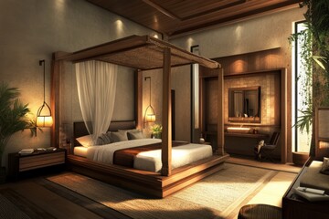 Bedroom with a canopy bed and a desk. Banner