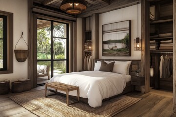 Bedroom with a white bed, a wooden headboard, and a wooden floor. Banner