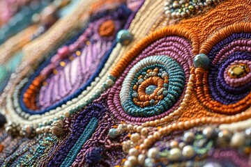 Intricate textile artwork, colorful threads, beads.