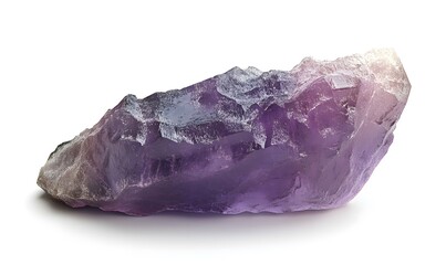 Rough amethyst crystal piece, white background.