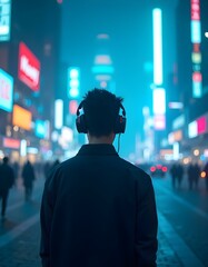 Album cover showcasing a futuristic cityscape, illuminated by neon lights, with an artist standing in the foreground, wearing headphones and lost in thought., high detail, cold light tones, blue tones