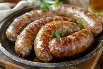 Fototapeta premium Juicy flavorful fried sausages with herbs on a plate are served for dinner