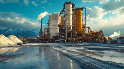 Obraz premium Dynamic Industrial Scene Depicting Sulfur Storage Piles and Production Operations in Action