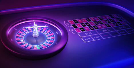 Retro neon lights Roulette. Casino online games concept, with vibrant colors. A fantasy 3D illustration betting template