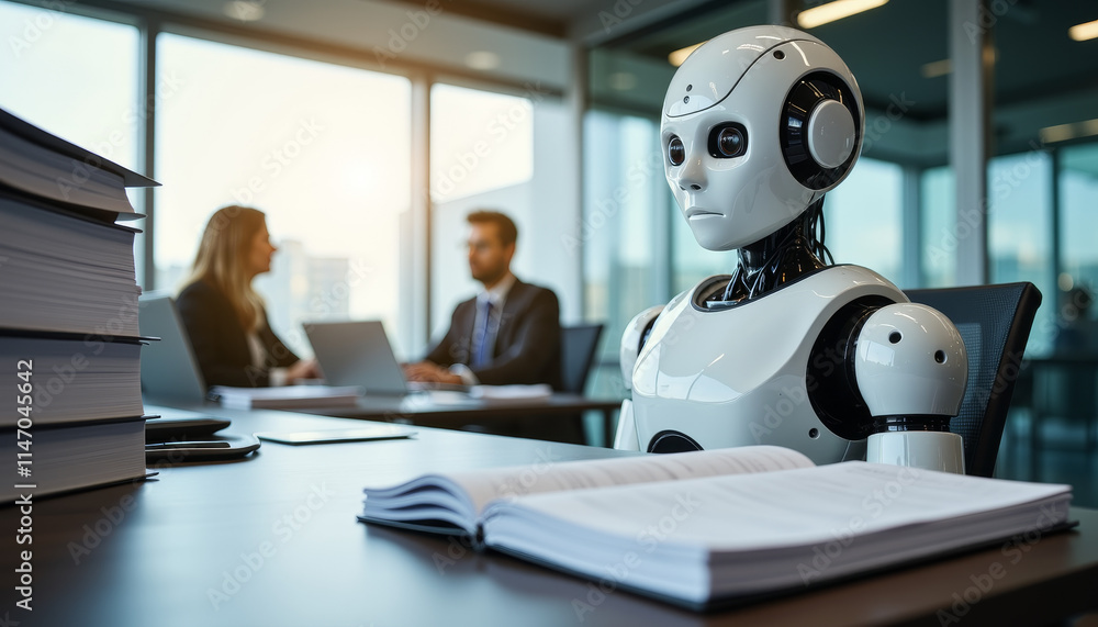 Poster robotic assistant in an office setting engaging with colleagues during a productive workday discussi